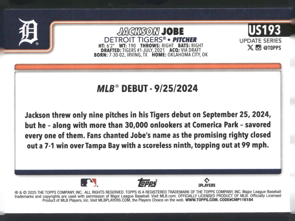 2025 Topps Update #US193 Jackson Jobe