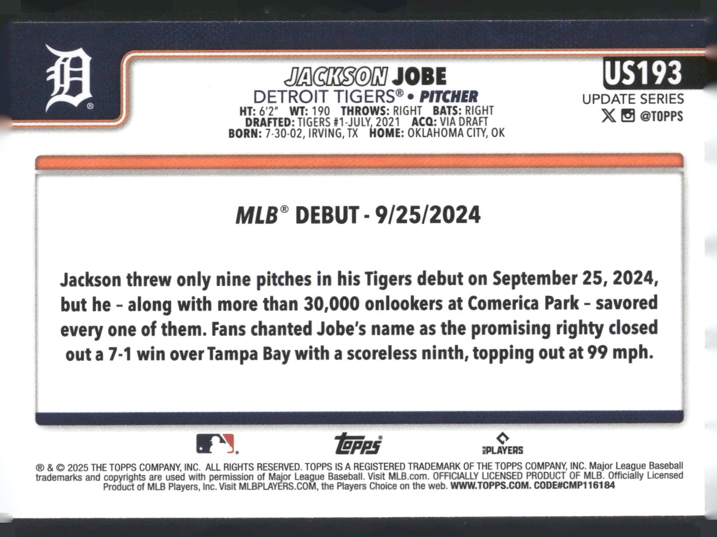 2025 Topps Update #US193 Jackson Jobe