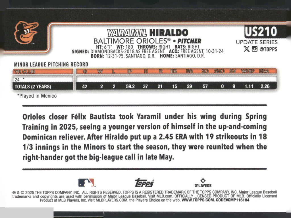 2025 Topps Update #US210 Yaramil Hiraldo