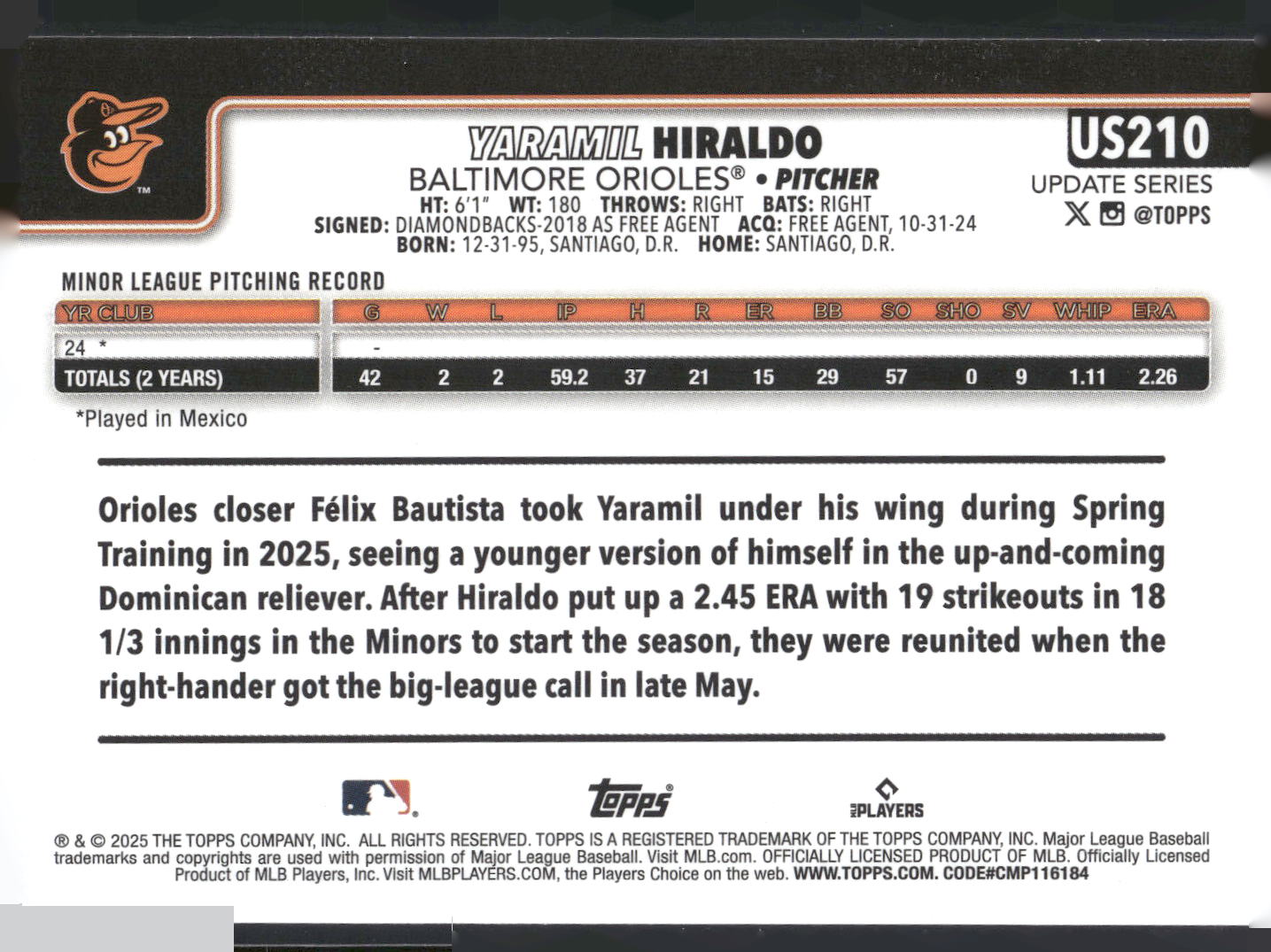 2025 Topps Update #US210 Yaramil Hiraldo