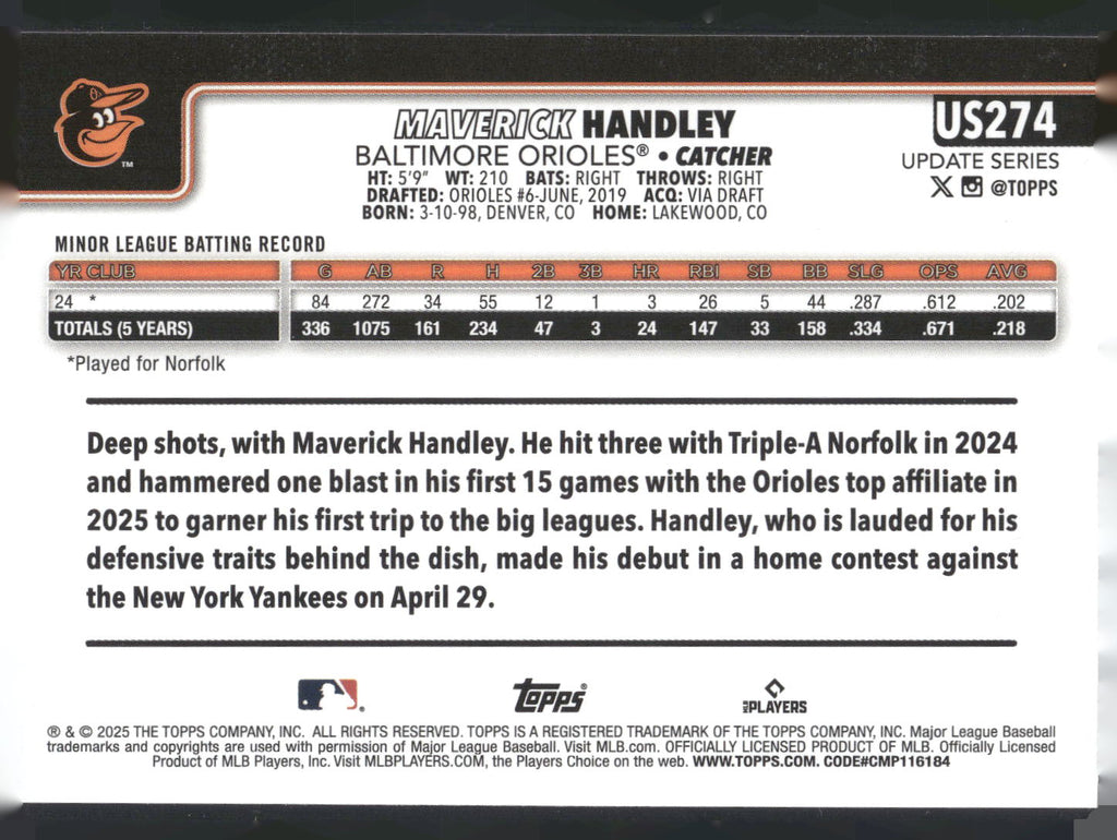 2025 Topps Update #US274 Maverick Handley