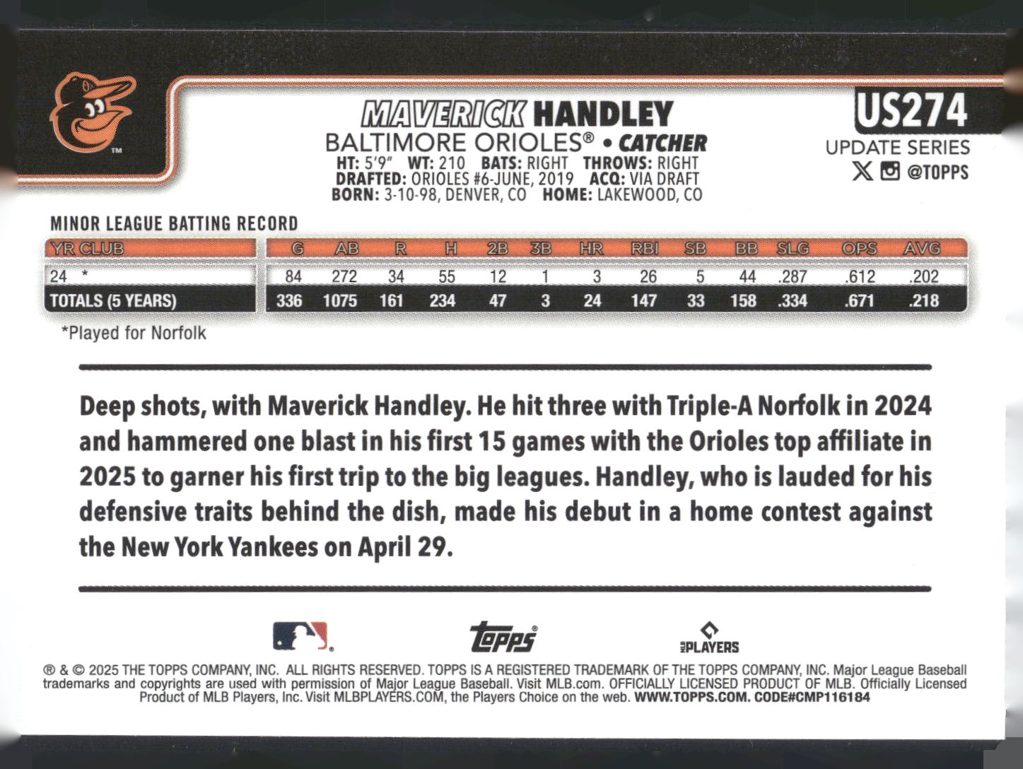 2025 Topps Update #US274 Maverick Handley