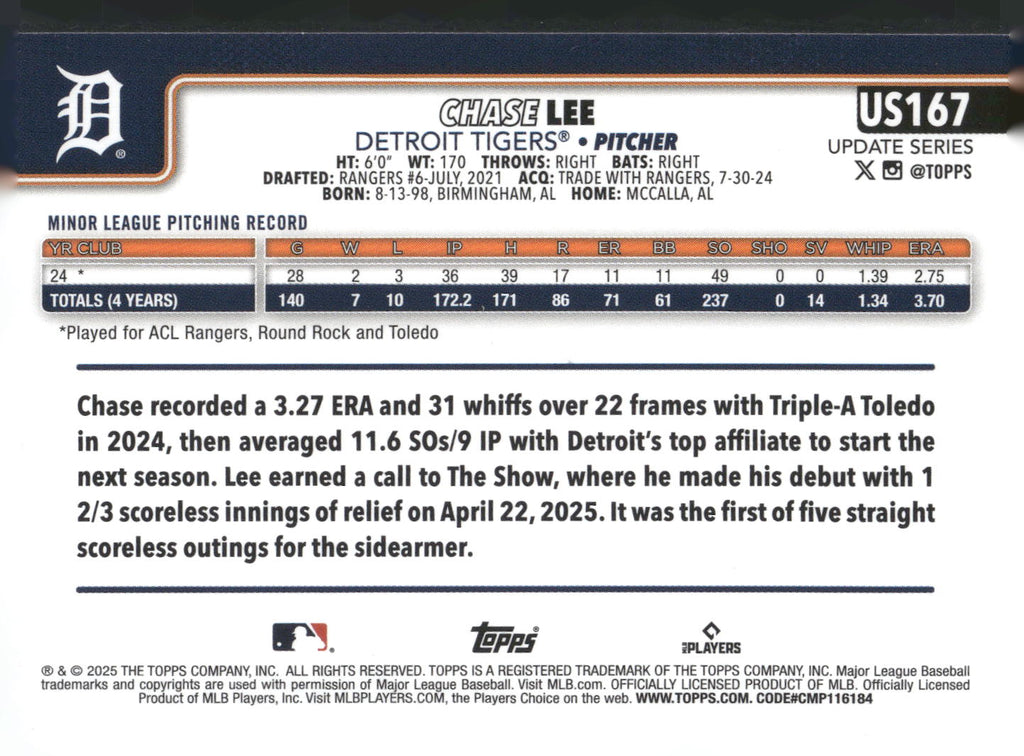 2025 Topps Update #US167 Chase Lee