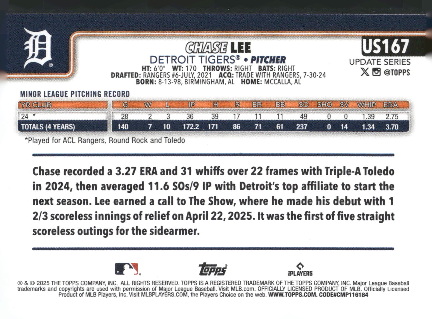 2025 Topps Update #US167 Chase Lee