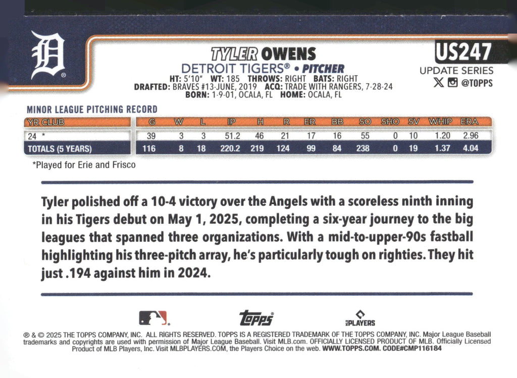 2025 Topps Update #US247 Tyler Owens