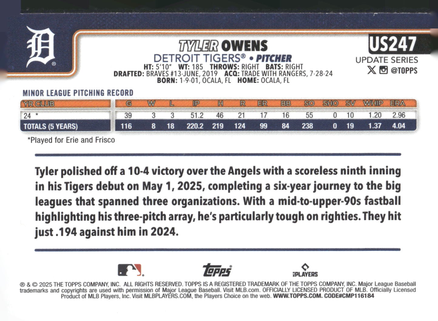 2025 Topps Update #US247 Tyler Owens