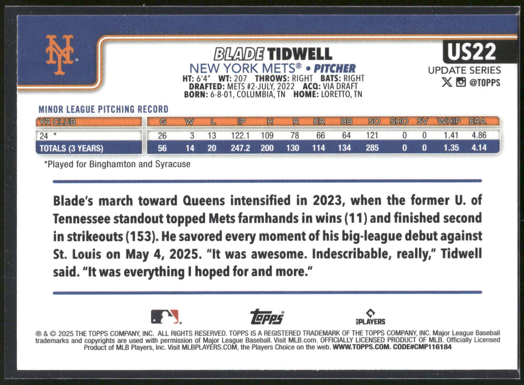 2025 Topps Update #US22 Blade Tidwell