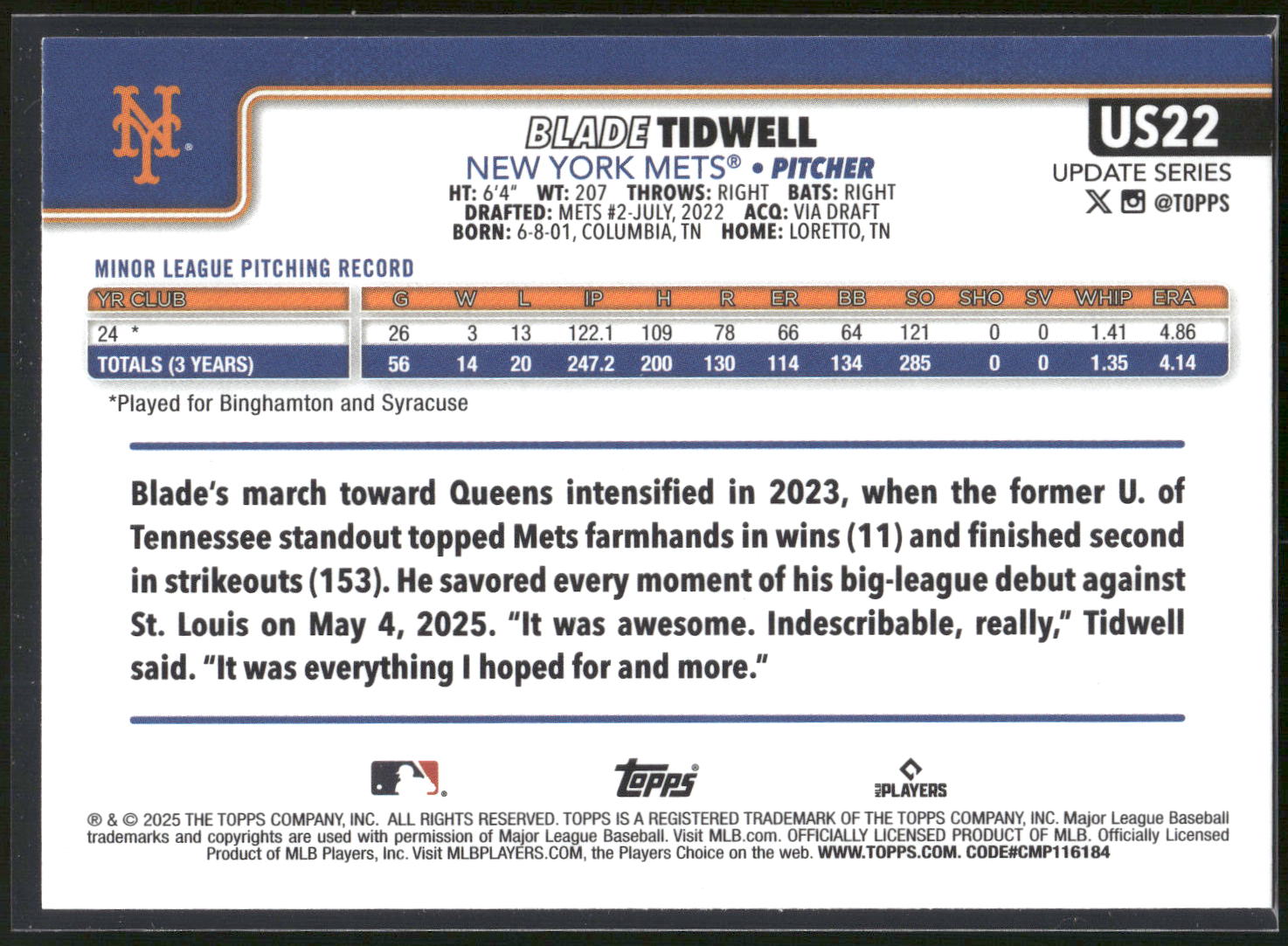 2025 Topps Update #US22 Blade Tidwell