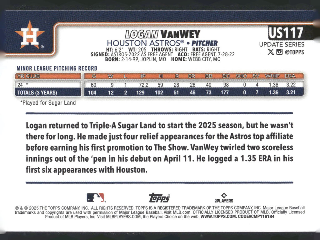 2025 Topps Update #US117 Logan VanWey