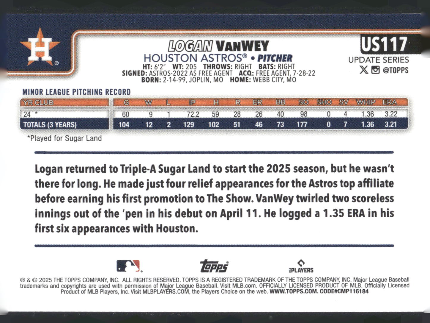 2025 Topps Update #US117 Logan VanWey