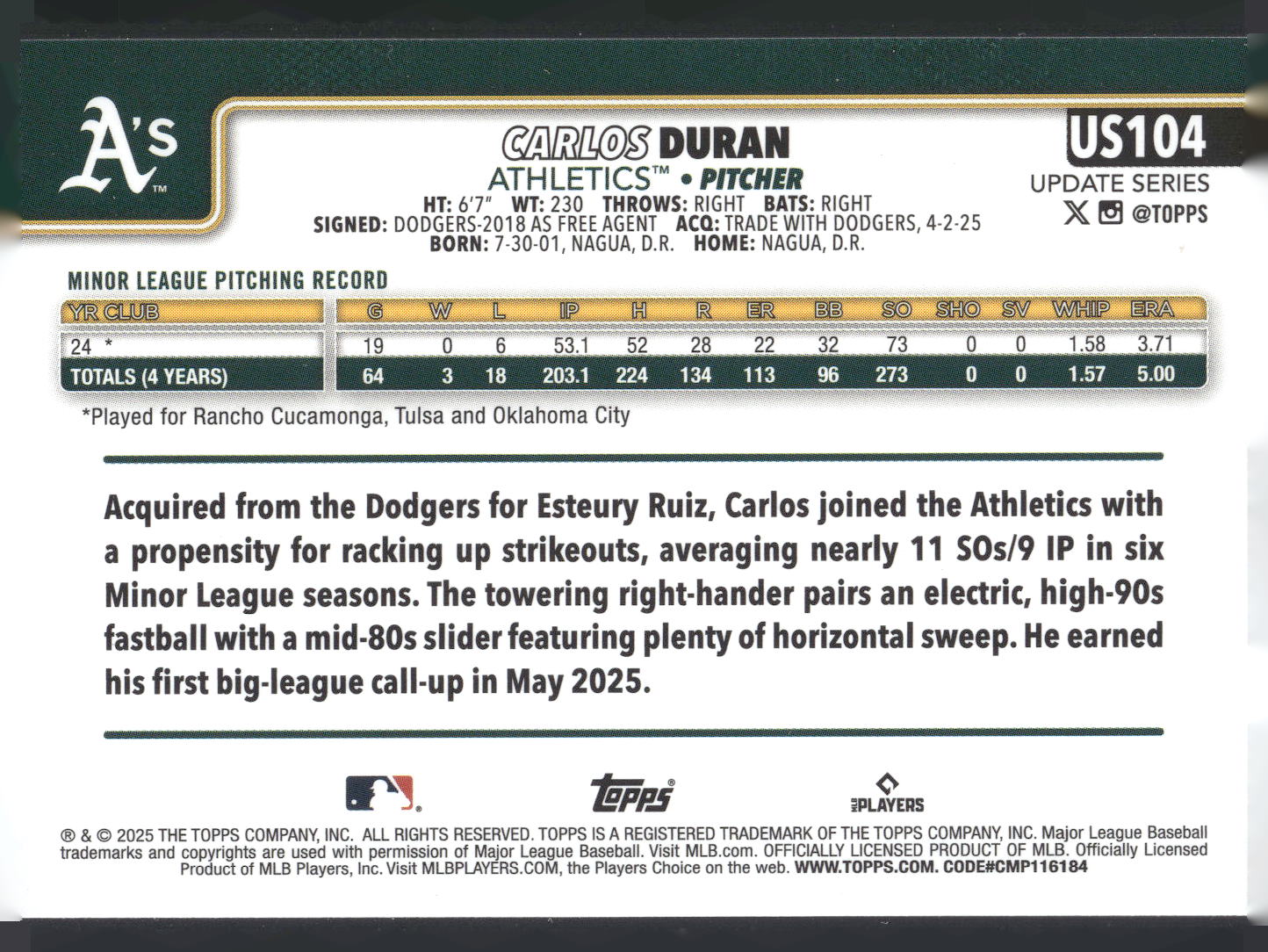 2025 Topps Update #US104 Carlos Duran