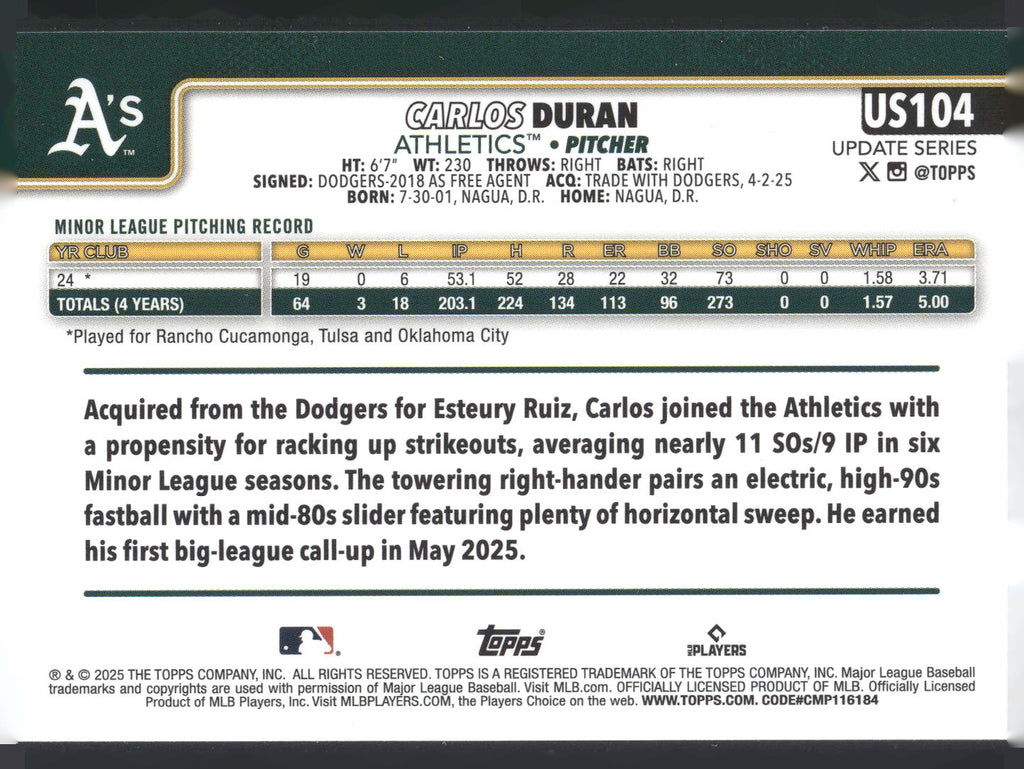 2025 Topps Update #US104 Carlos Duran