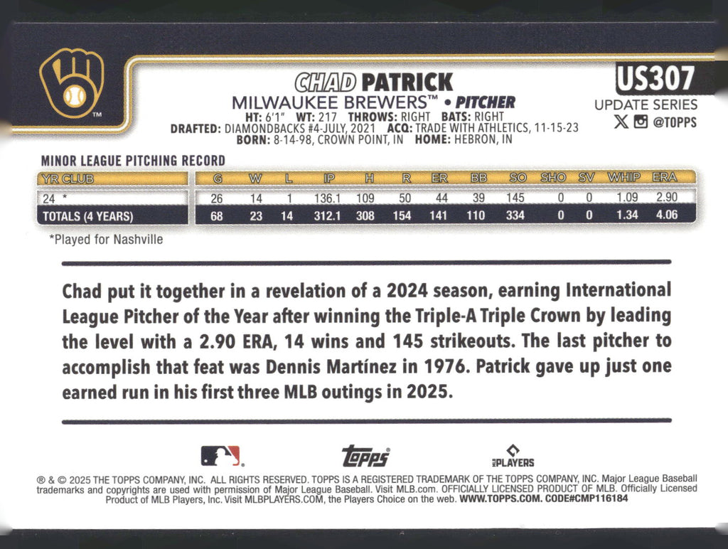 2025 Topps Update #US307 Chad Patrick