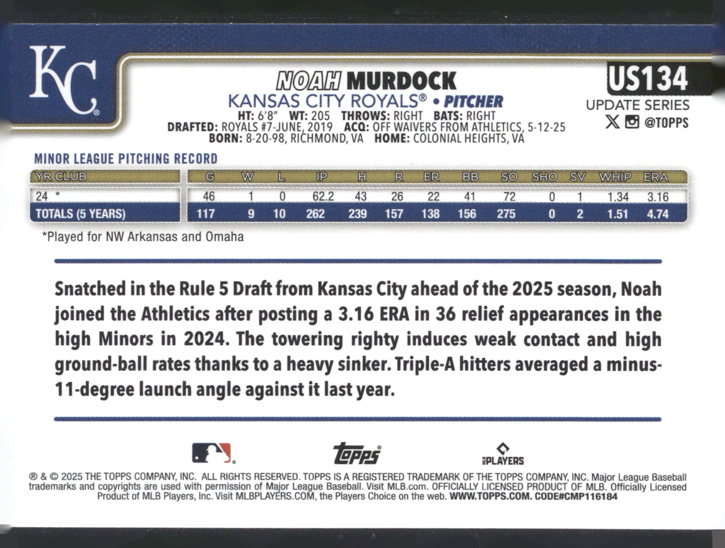 2025 Topps Update #US134 Noah Murdock