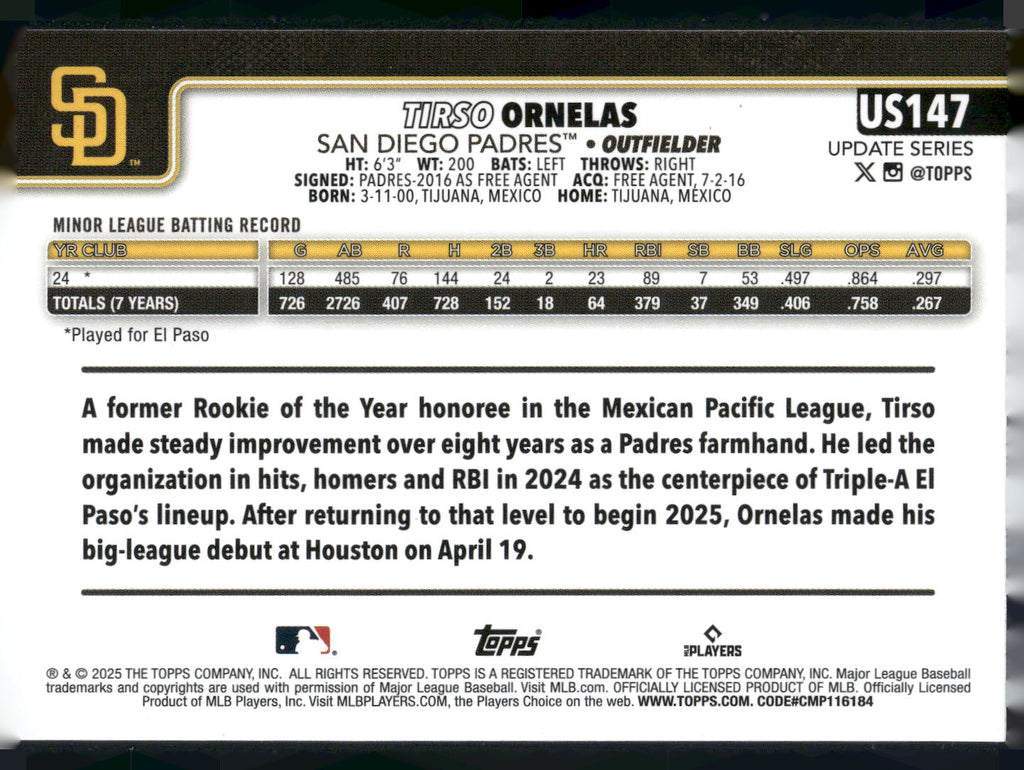 2025 Topps Update #US147 Tirso Ornelas