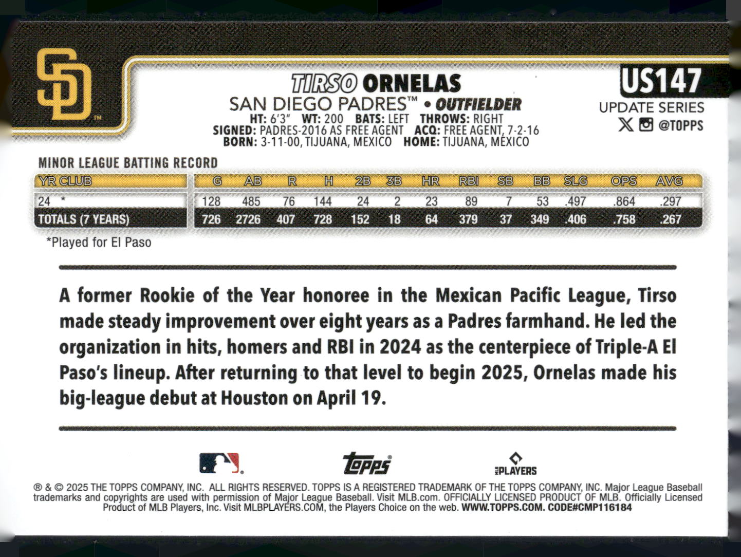 2025 Topps Update #US147 Tirso Ornelas