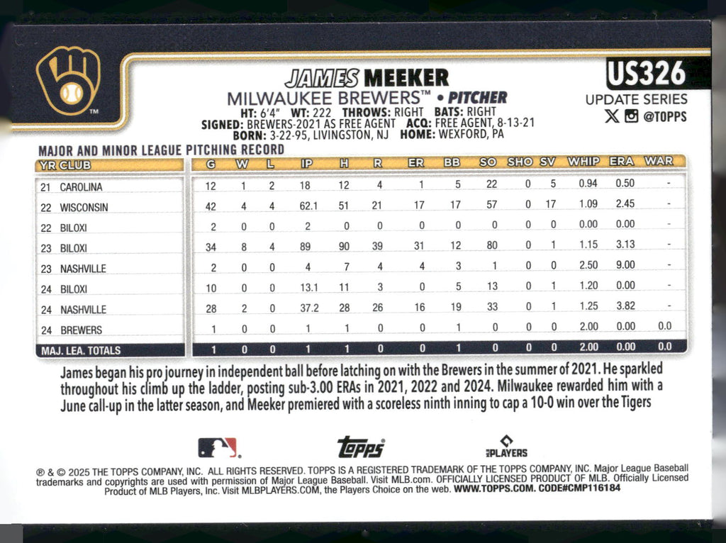 2025 Topps Update #US326 James Meeker