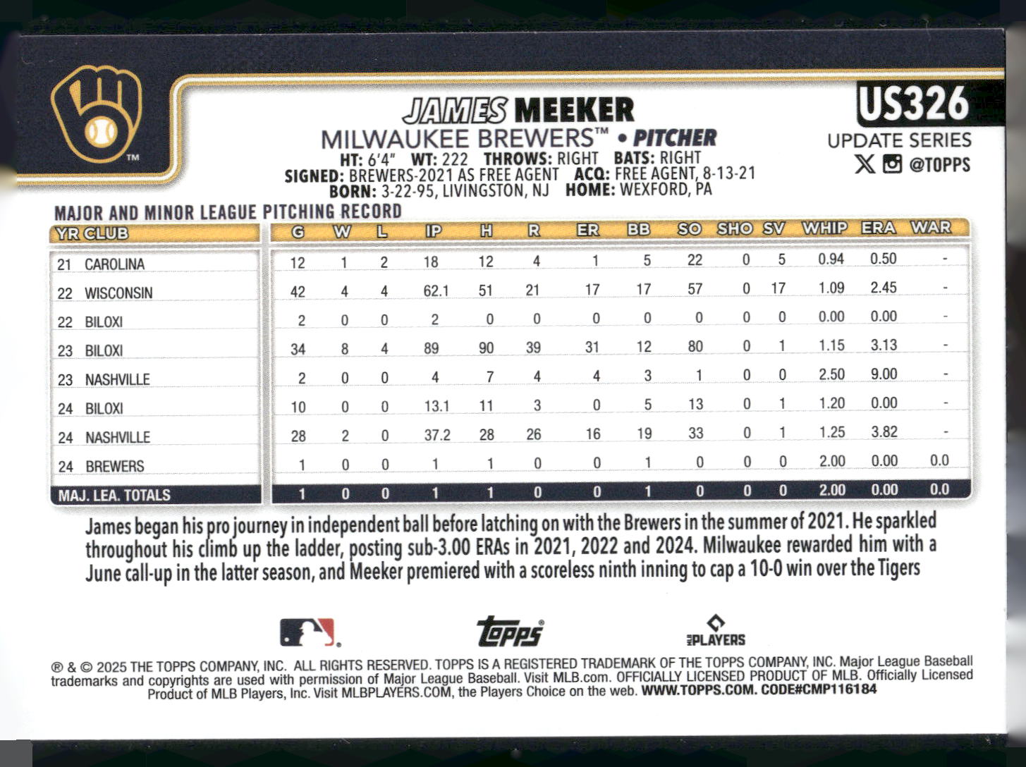 2025 Topps Update #US326 James Meeker