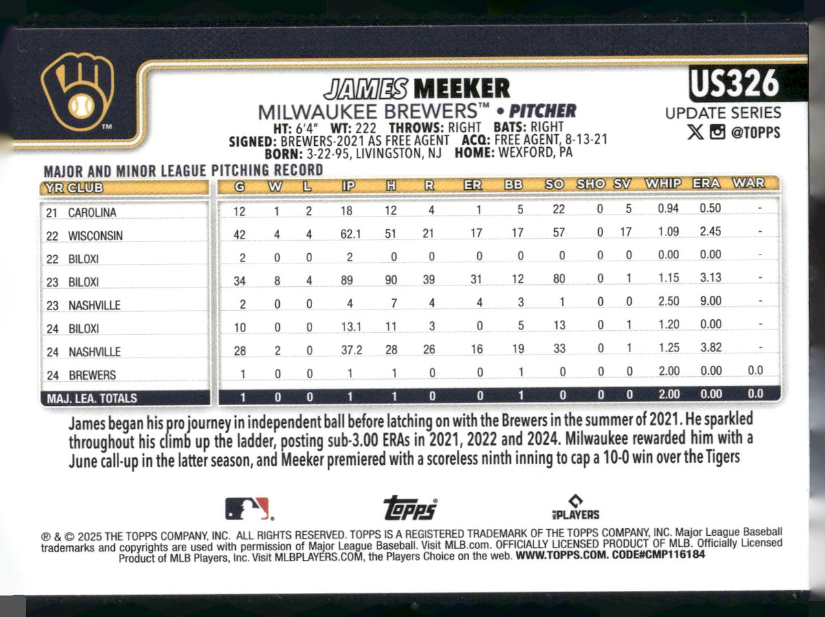 2025 Topps Update #US326 James Meeker