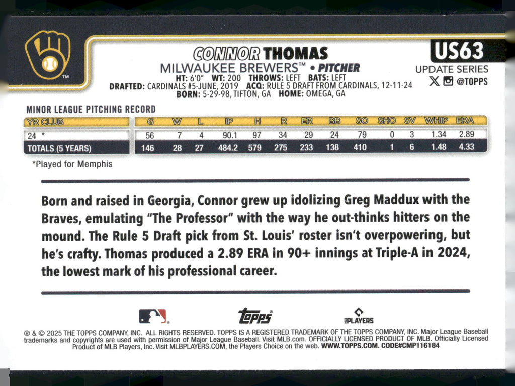 2025 Topps Update #US63 Connor Thomas