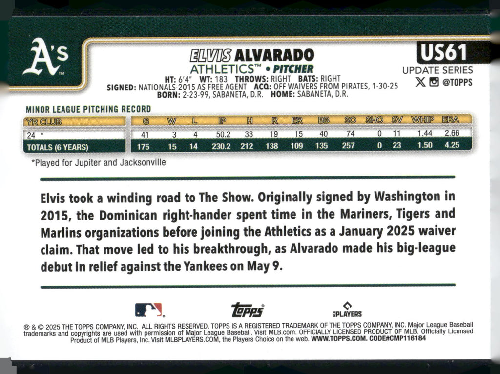 2025 Topps Update #US61 Elvis Alvarado
