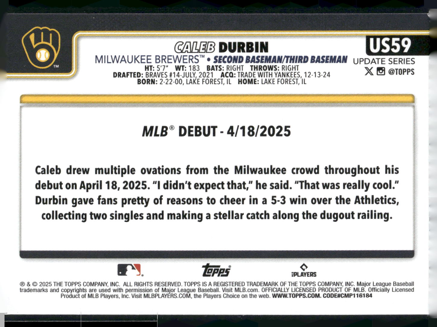 2025 Topps Update #US59 Caleb Durbin