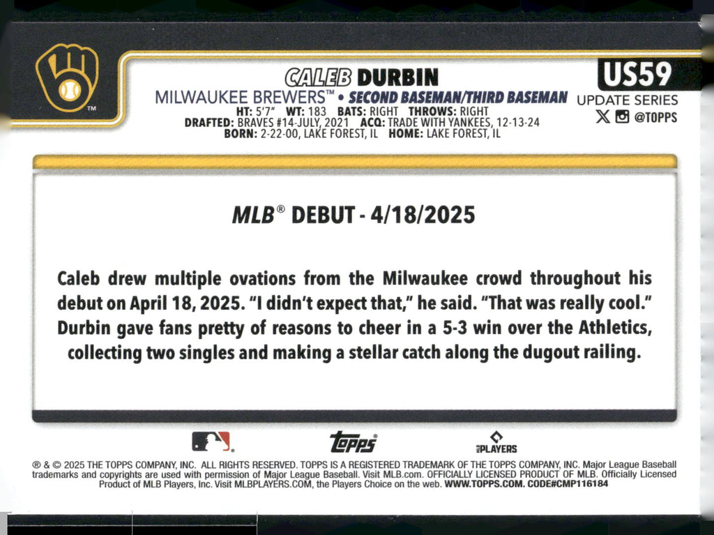 2025 Topps Update #US59 Caleb Durbin