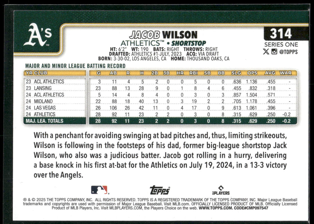 2025 Topps #314 Jacob Wilson