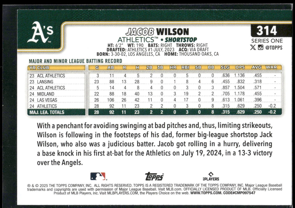 2025 Topps #314 Jacob Wilson
