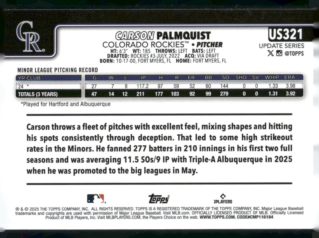 2025 Topps Update #US321 Carson Palmquist