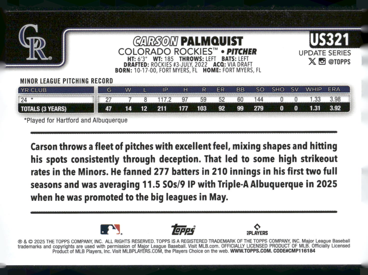 2025 Topps Update #US321 Carson Palmquist