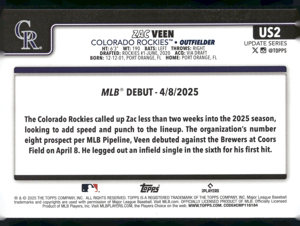 2025 Topps Update #US2 Zac Veen