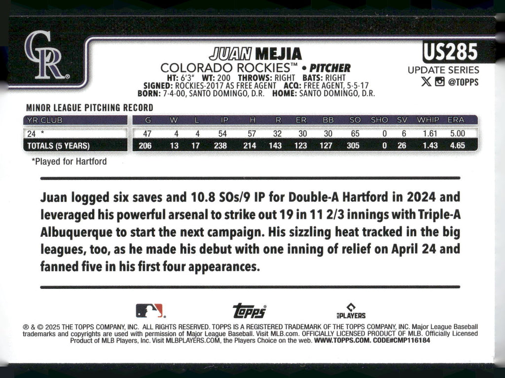 2025 Topps Update #US285 Juan Mejia