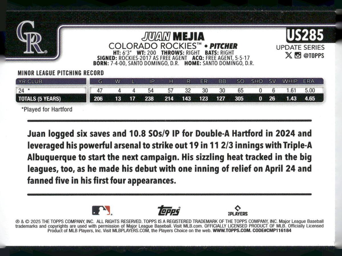 2025 Topps Update #US285 Juan Mejia