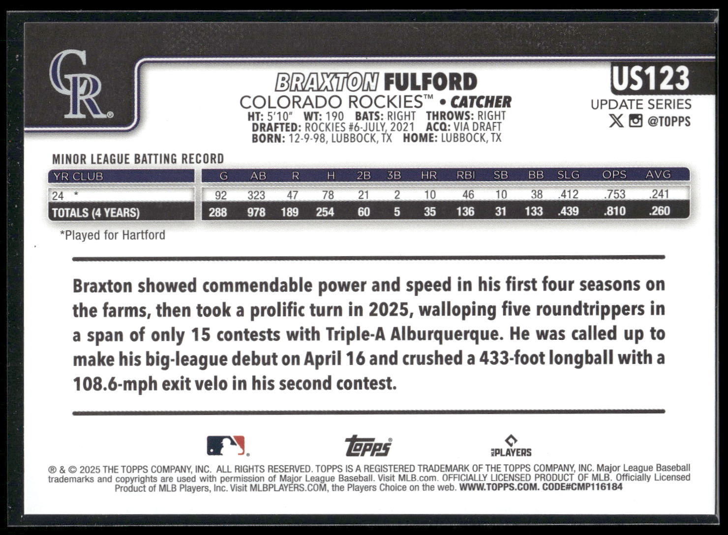 2025 Topps Update #US123 Braxton Fulford