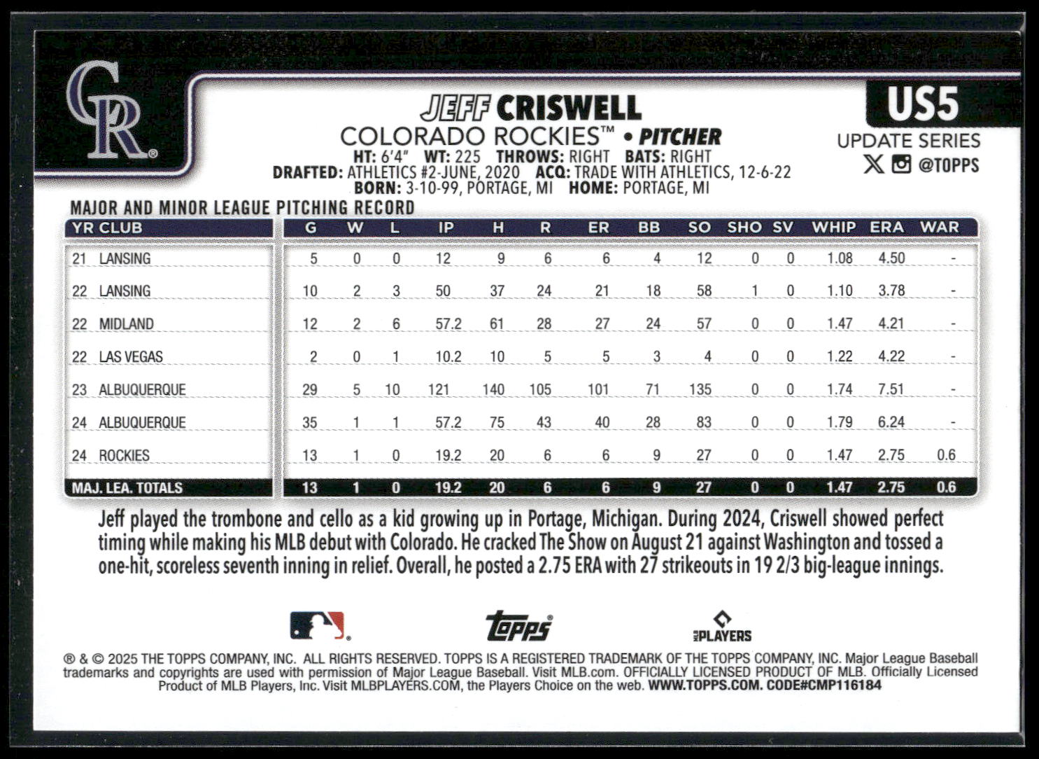 2025 Topps Update #US5 Jeff Criswell