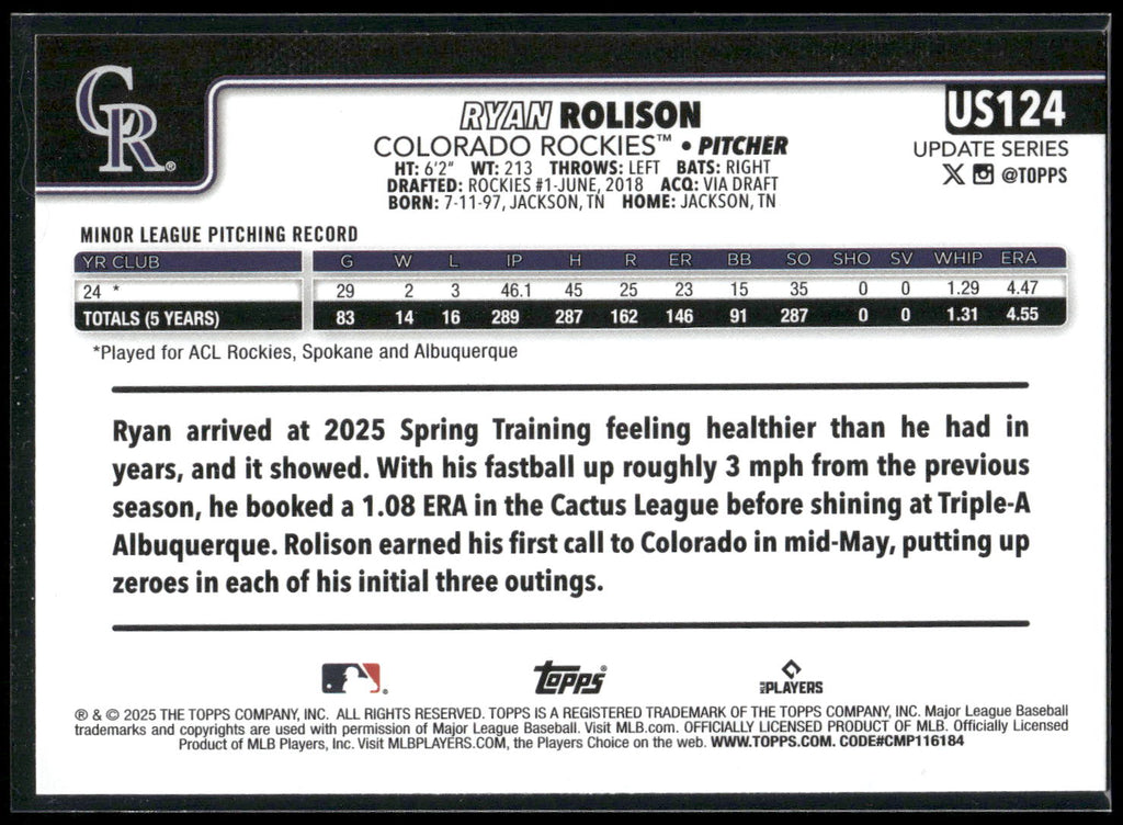 2025 Topps Update #US124 Ryan Rolison