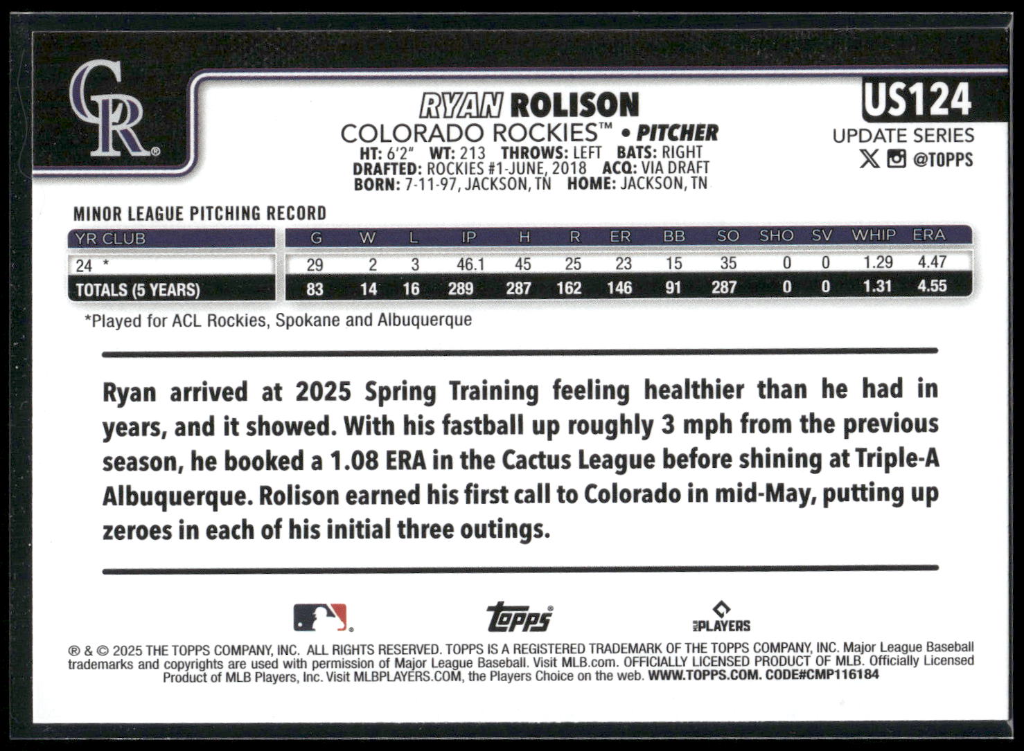 2025 Topps Update #US124 Ryan Rolison