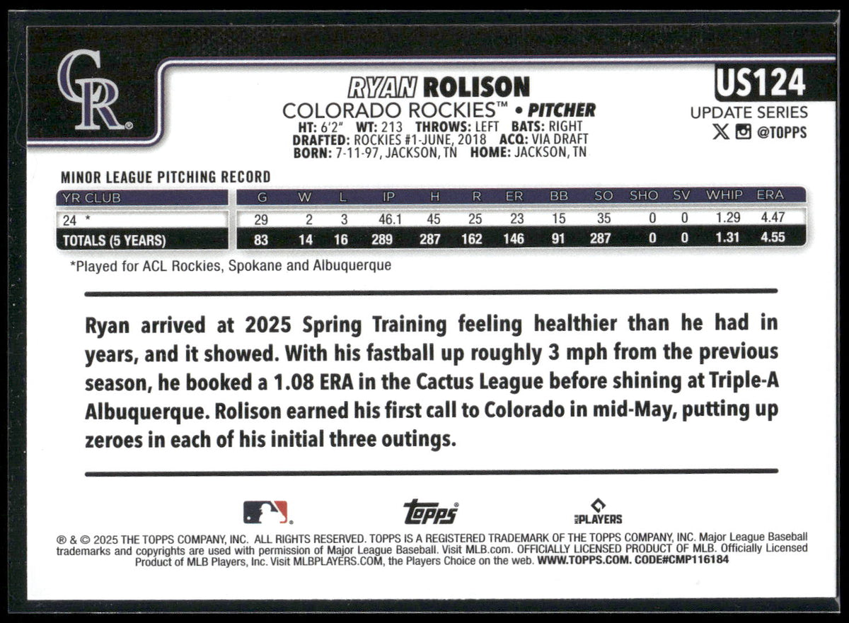 2025 Topps Update #US124 Ryan Rolison