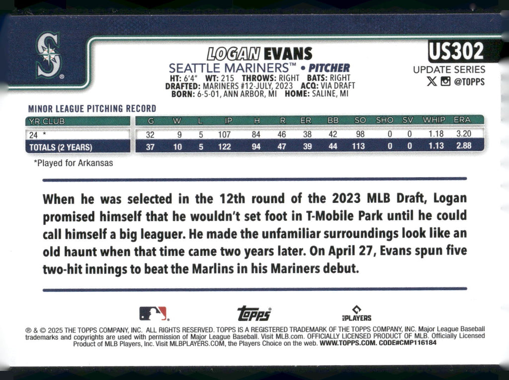 2025 Topps Update #US302 Logan Evans