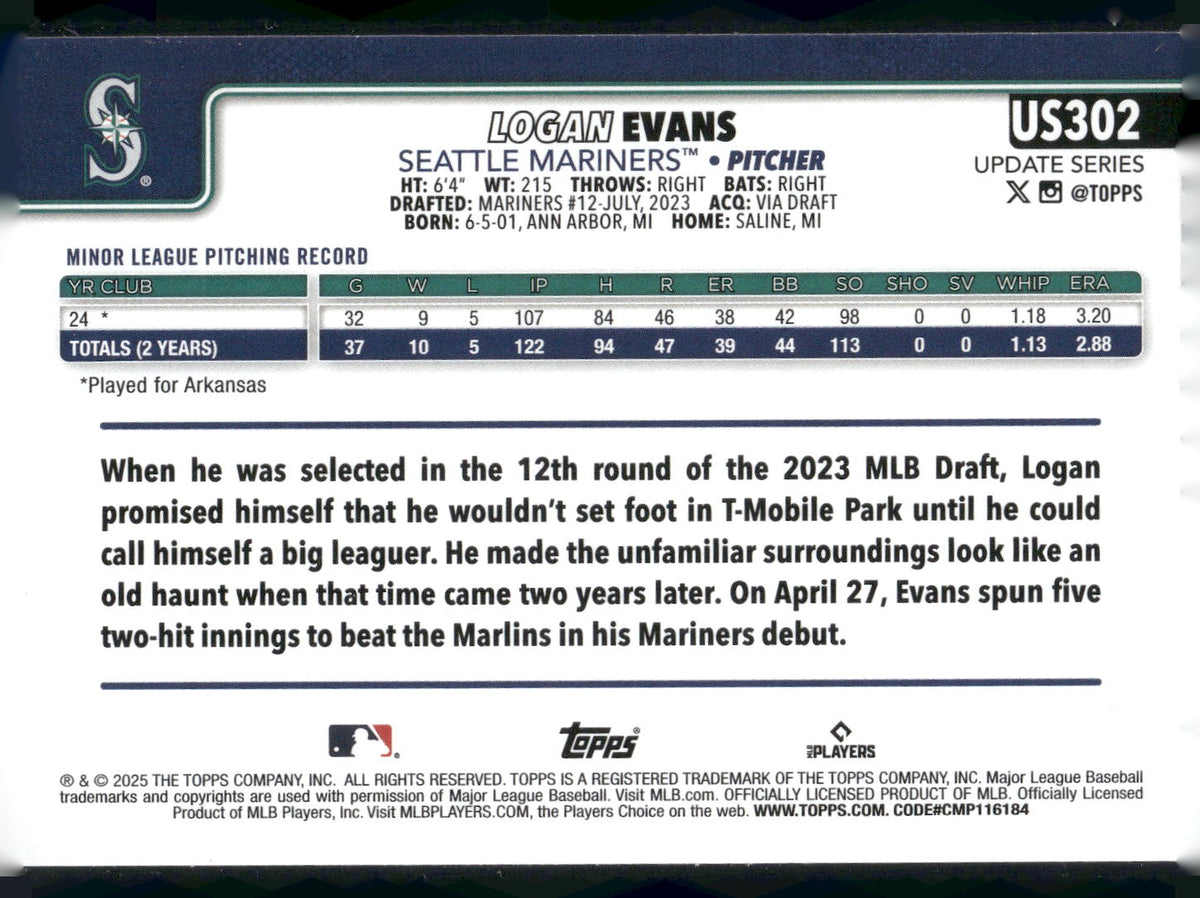 2025 Topps Update #US302 Logan Evans