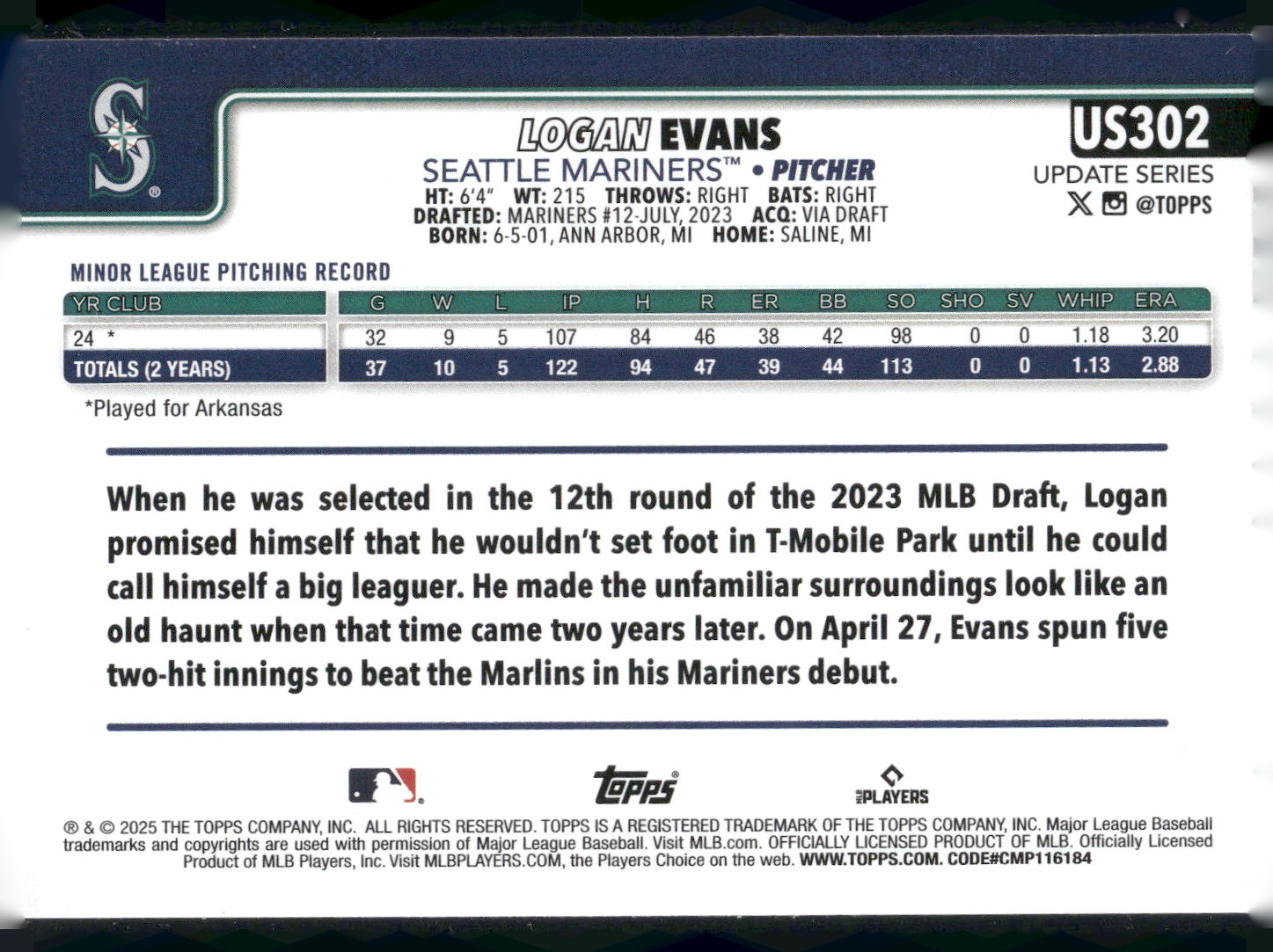 2025 Topps Update #US302 Logan Evans