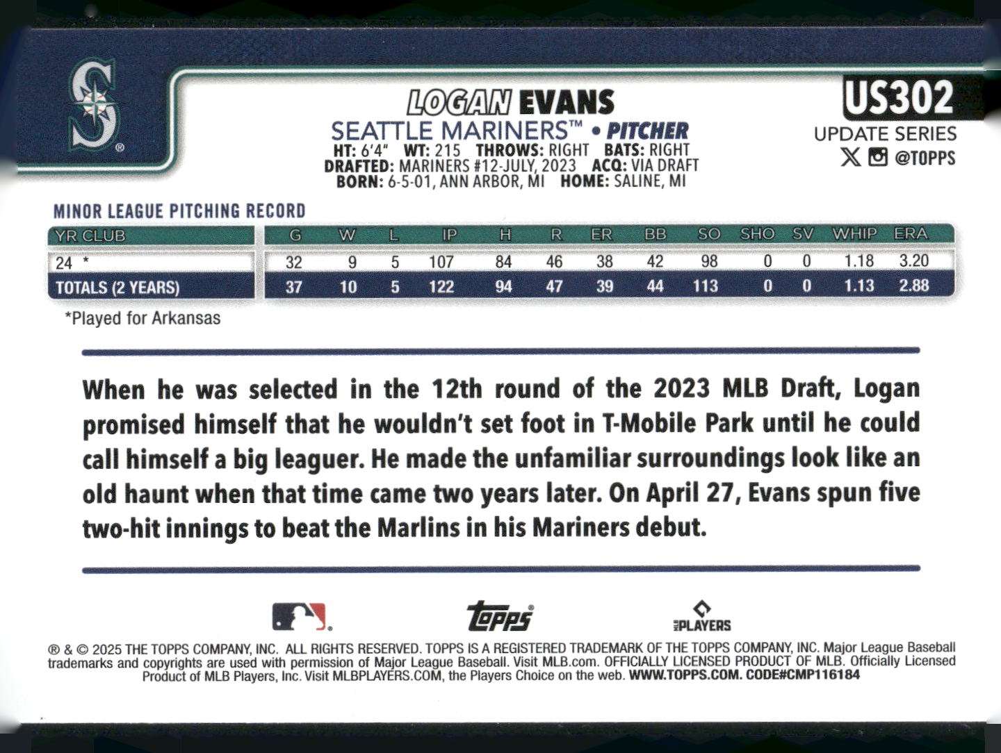 2025 Topps Update #US302 Logan Evans