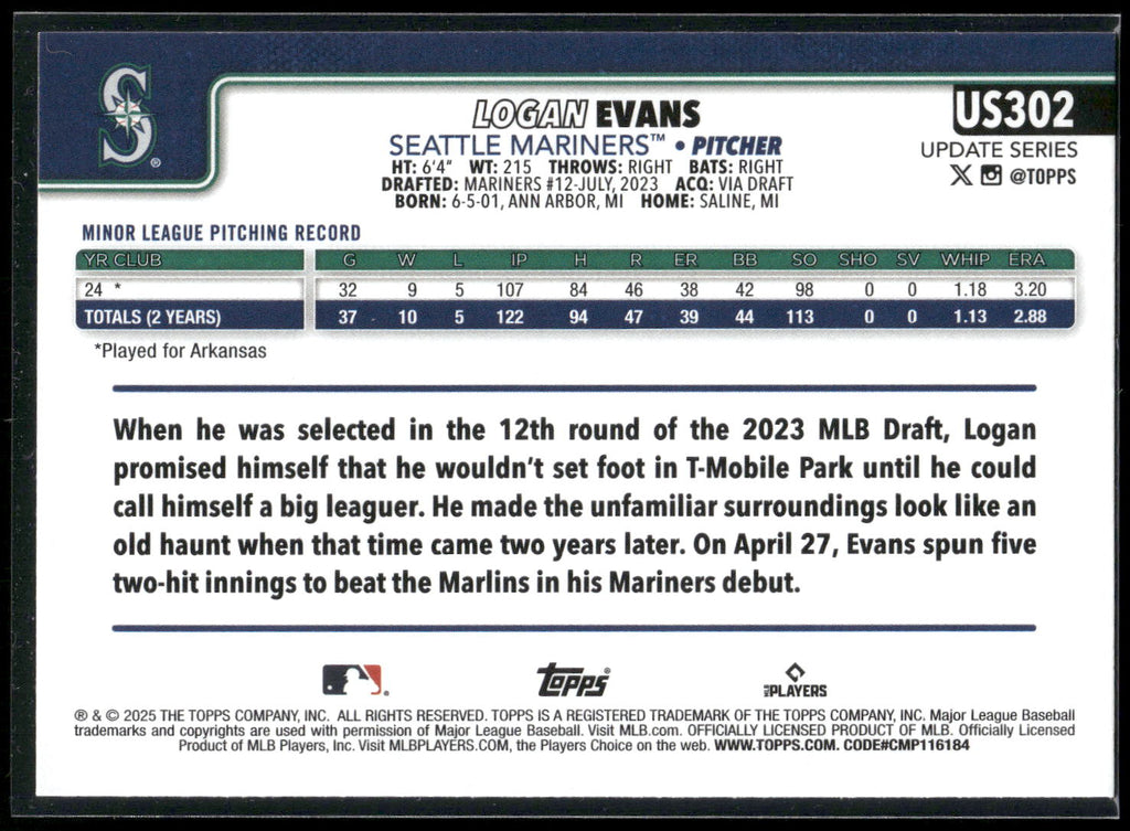 2025 Topps Update #US302 Logan Evans