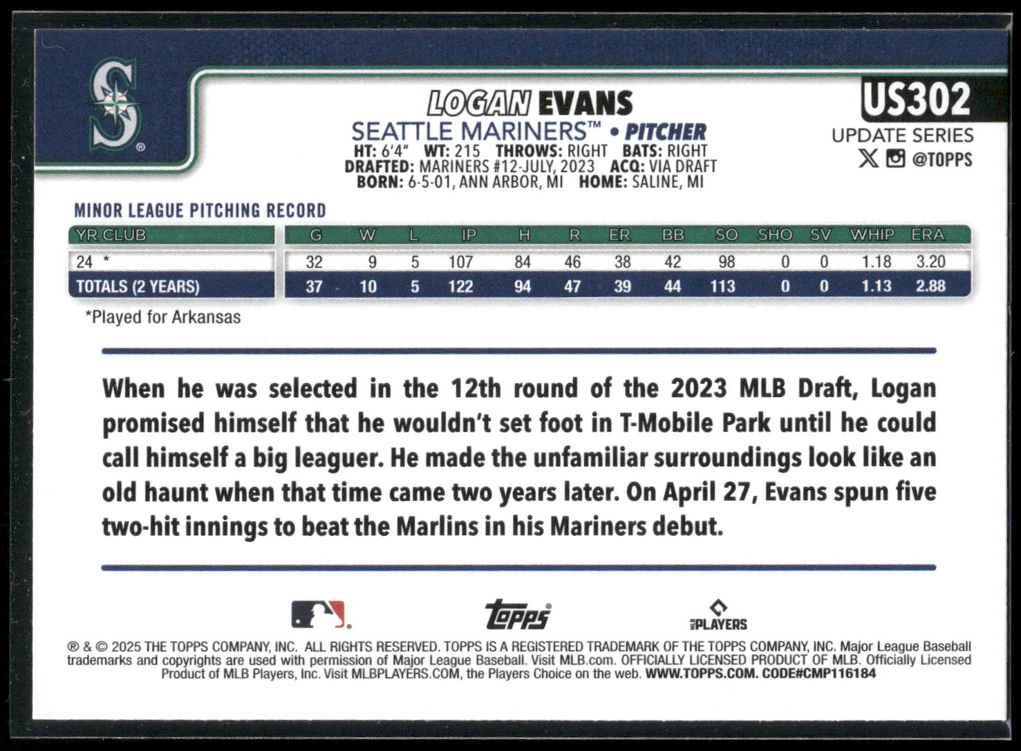 2025 Topps Update #US302 Logan Evans