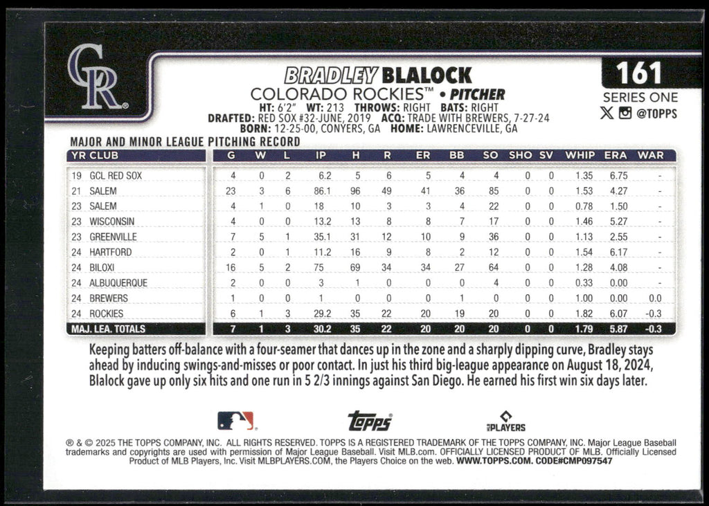 2025 Topps #161 Bradley Blalock