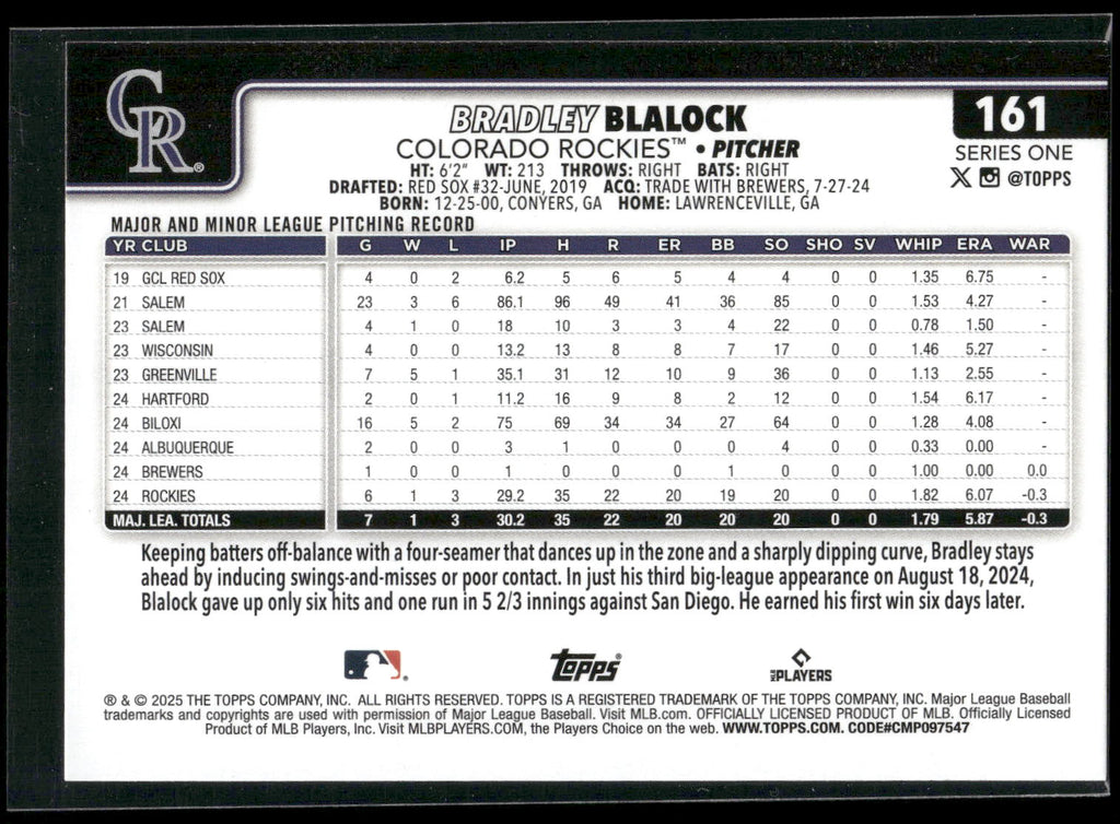2025 Topps #161 Bradley Blalock