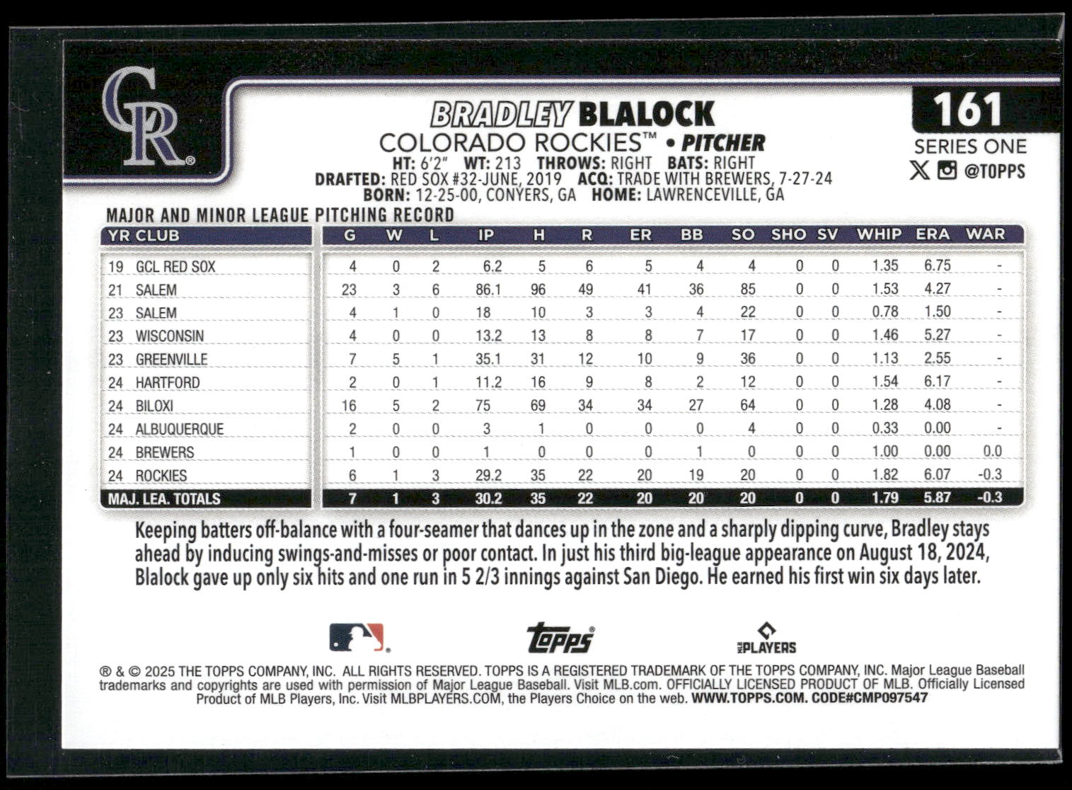 2025 Topps #161 Bradley Blalock