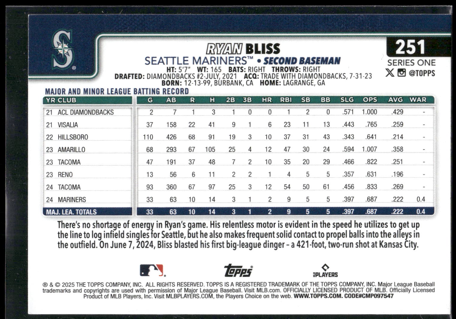 2025 Topps #251 Ryan Bliss