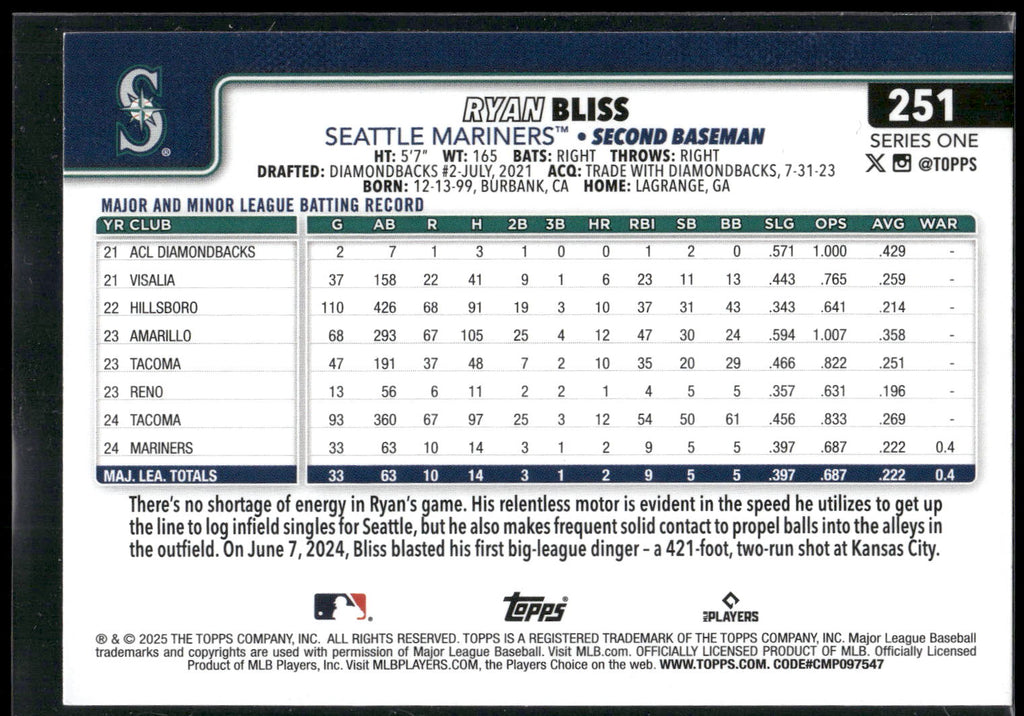 2025 Topps #251 Ryan Bliss